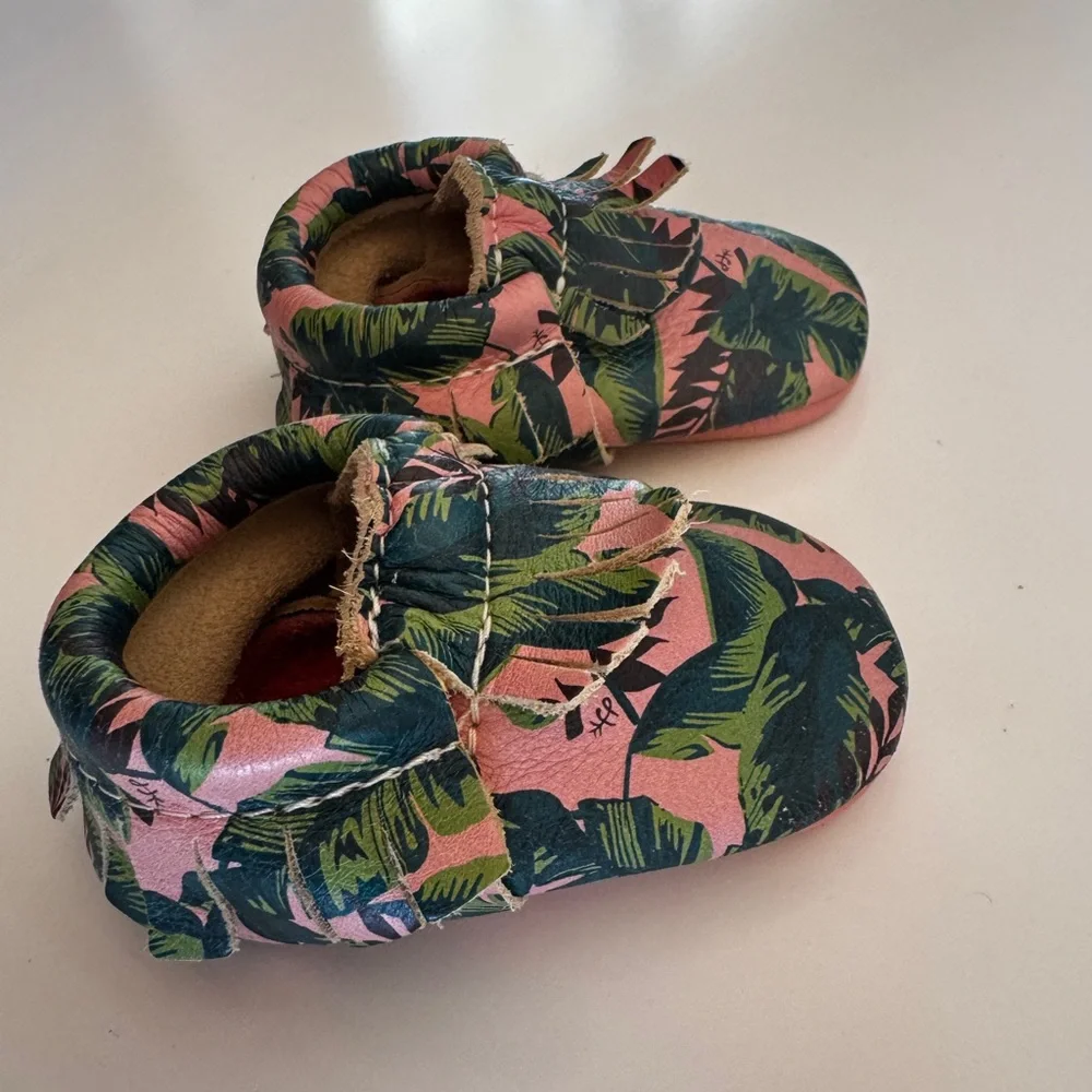 Freshly Picked Tropical Print Pink Baby Moccasin Shoes Size 1